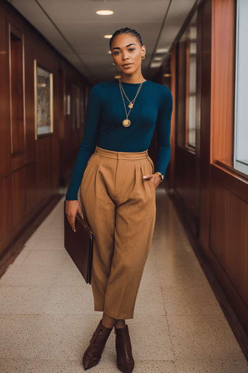 a Black woman in a deep teal long-sleeve blouse paired with tailored high-waisted caramel trousers and pointed-toe ankle boots in dark brown 