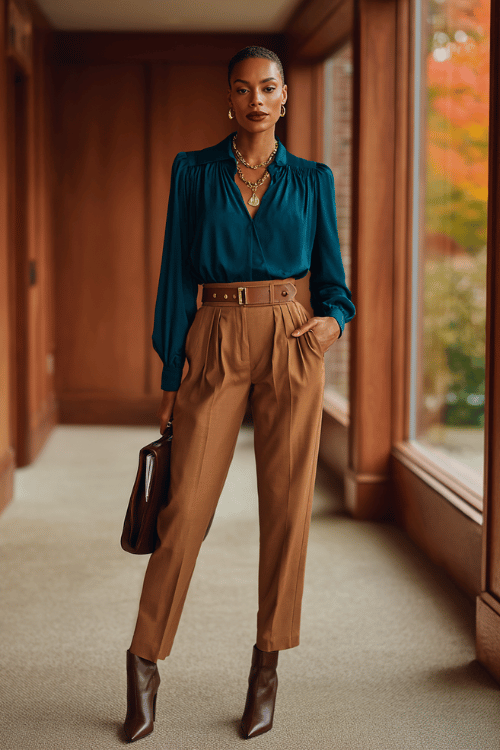 a Black woman in a deep teal long-sleeve blouse paired with tailored high-waisted caramel trousers and pointed-toe ankle boots in dark brown, accessorized with a gold pendant necklace