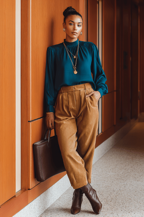 a Black woman in a deep teal long-sleeve blouse paired with tailored high-waisted caramel trousers and pointed-toe ankle boots in dark brown