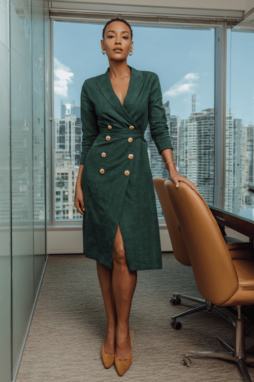 a Black woman in a forest green wrap blazer dress with gold button details, belted at the waist, wearing pointed-toe heeled mules in tan suede