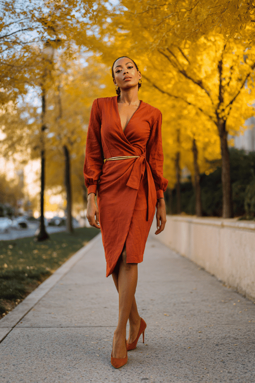 a Black woman in a rust-orange wrap dress with long sleeves, cinched at the waist with a thin gold belt, wearing block-heel pumps in cognac leather, posed on a tree-lined city sidewal