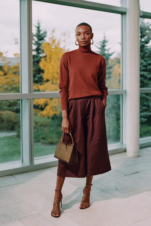 a Black woman in a terracotta turtleneck sweater tucked into a A-line midi skirt in deep plum, wearing strappy block-heel sandals, accessorized with gold hoop earrings and a structured shoulder bag 