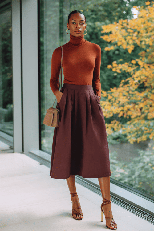 a Black woman in a terracotta turtleneck sweater tucked into a A-line midi skirt in deep plum, wearing strappy block-heel sandals, accessorized with gold hoop earrings and a structured shoulder bag