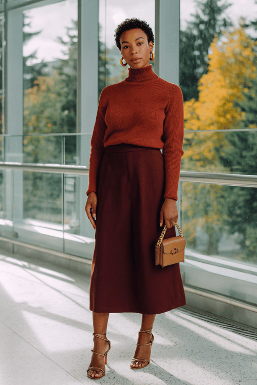 a Black woman in a terracotta turtleneck sweater tucked into a A-line midi skirt in deep plum, wearing strappy block-heel sandals, accessorized with gold hoop earrings