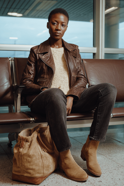 a Black woman in an airport lounge, dressed in a rich chocolate brown leather jacket, cream knit sweater, straight-leg dark denim jeans, and beige suede Chelsea boots