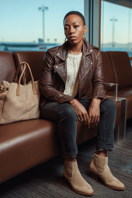 a Black woman in an airport lounge, dressed in a rich chocolate brown leather jacket, cream knit sweater, straight-leg dark denim jeans, and beige suede Chelsea boots 