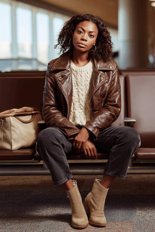 a Black woman in an airport lounge, dressed in a rich chocolate brown leather jacket, cream knit sweater, straight-leg dark denim jeans, and beige suede Chelsea boots