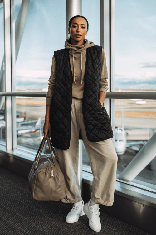 a Black woman near airport floor-to-ceiling windows, dressed in a black quilted vest layered over a warm taupe oversized hoodie, khaki wide-leg joggers, and fresh white trainers 
