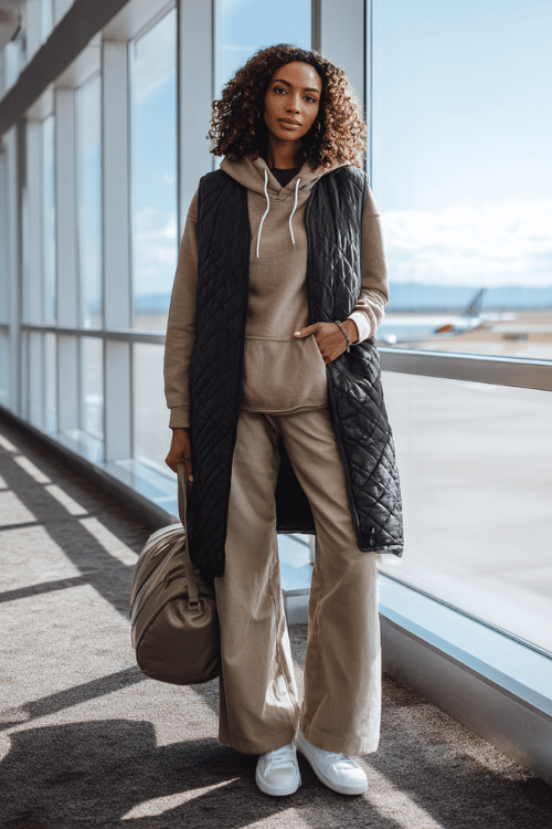 a Black woman near airport floor-to-ceiling windows, dressed in a black quilted vest layered over a warm taupe oversized hoodie, khaki wide-leg joggers, and fresh white trainers