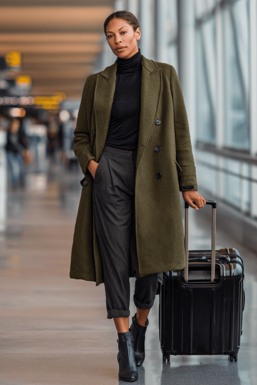 a Black woman rolling a suitcase through a busy airport terminal, wearing a rich olive double-breasted wool coat, black slim turtleneck, tailored charcoal trousers