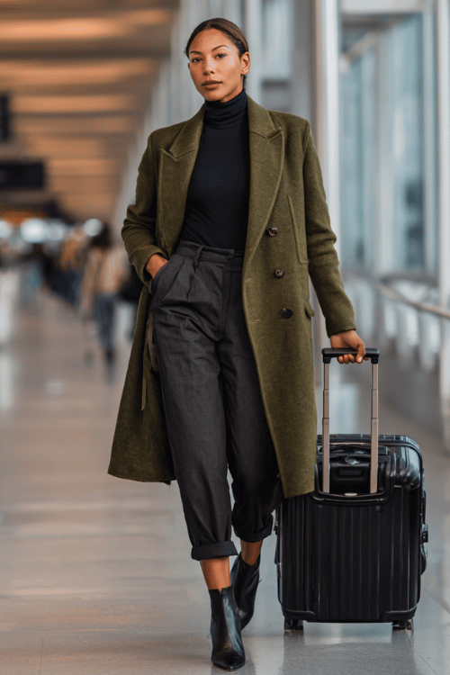 a Black woman rolling a suitcase through a busy airport terminal, wearing a rich olive double-breasted wool coat, black slim turtleneck, tailored charcoal trousers 