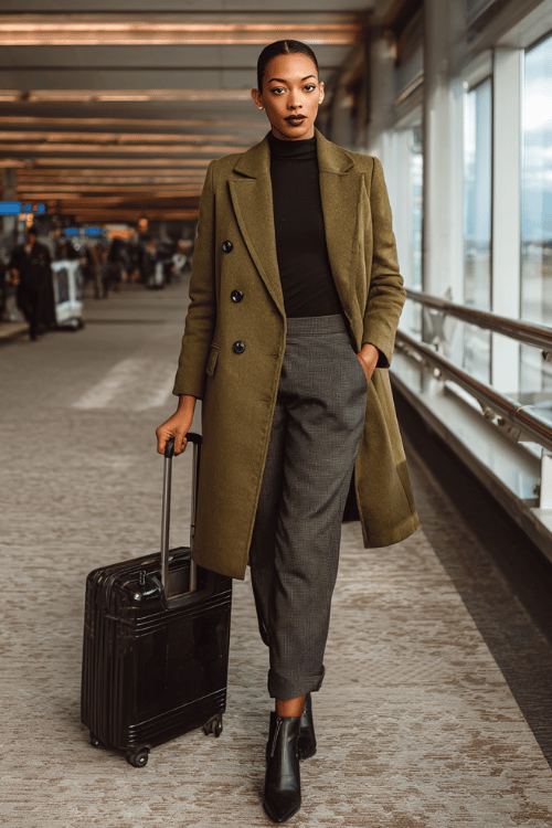 a Black woman rolling a suitcase through a busy airport terminal, wearing a rich olive double-breasted wool coat, black slim turtleneck, tailored charcoal trousers