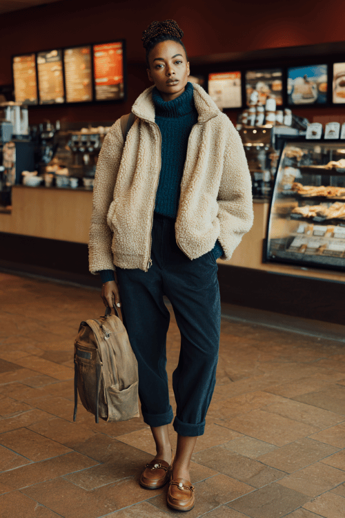 a Black woman standing at an airport coffee kiosk, wearing a cozy oatmeal-toned teddy fleece jacket, deep teal ribbed turtleneck, cropped dark trousers, and cognac loafers 