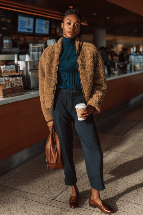 a Black woman standing at an airport coffee kiosk, wearing a cozy oatmeal-toned teddy fleece jacket, deep teal ribbed turtleneck, cropped dark trousers, and cognac loafers 