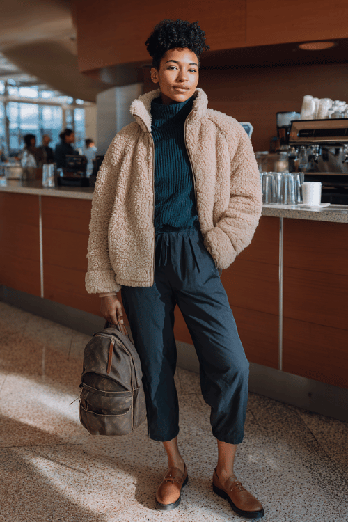 a Black woman standing at an airport coffee kiosk, wearing a cozy oatmeal-toned teddy fleece jacket, deep teal ribbed turtleneck, cropped dark trousers, and cognac loafers