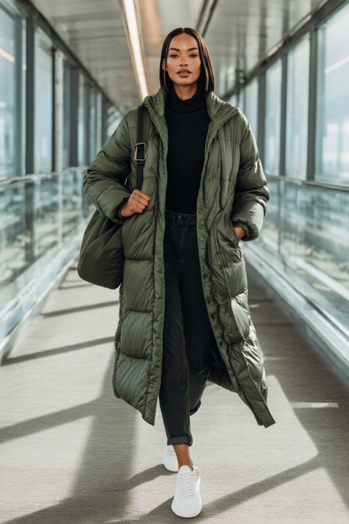 a Black woman striding through a glass-walled airport corridor, wearing a long forest green puffer coat, black turtleneck, slim black trousers, and white sneakers 