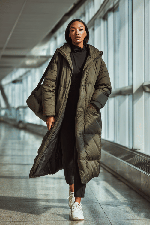 a Black woman striding through a glass-walled airport corridor, wearing a long forest green puffer coat, black turtleneck, slim black trousers, and white sneakers