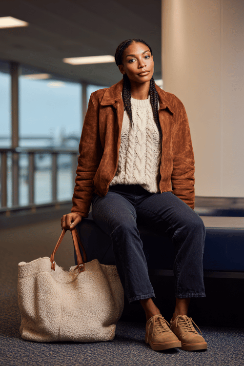 a Black woman waiting at an airport boarding gate, dressed in a warm cinnamon-brown faux leather jacket, cream cable-knit sweater, straight-leg dark wash jeans, and tan platform sneakers