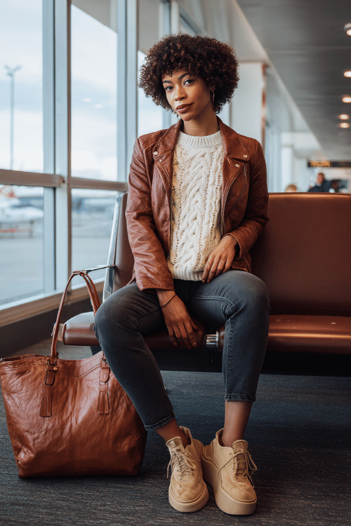 a Black woman waiting at an airport boarding gate, dressed in a warm cinnamon-brown faux leather jacket, cream cable-knit sweater, straight-leg dark wash jeans
