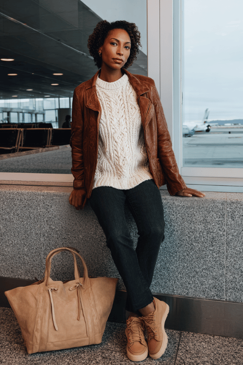 a Black woman waiting at an airport boarding gate, dressed in a warm cinnamon-brown faux leather jacket, cream cable-knit sweater