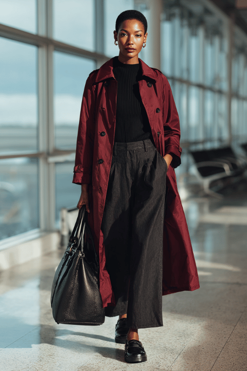 a Black woman walking through an airport departure hall, styled in a deep burgundy trench coat, black ribbed mock-neck top, wide-leg charcoal trousers 