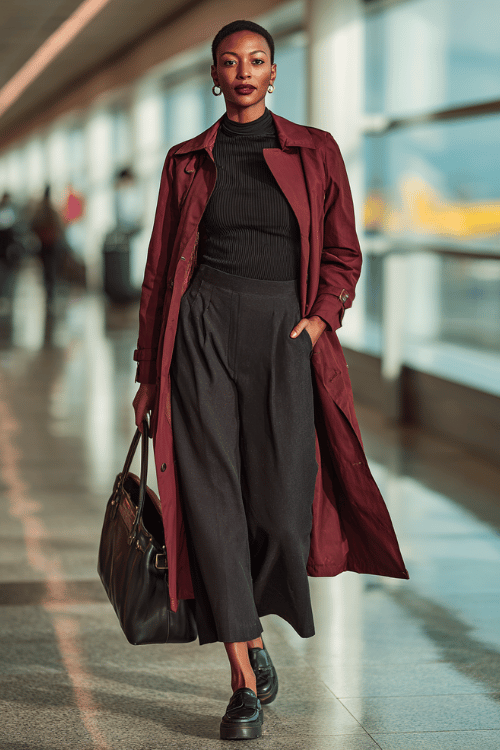 a Black woman walking through an airport departure hall, styled in a deep burgundy trench coat, black ribbed mock-neck top, wide-leg charcoal trousers, and chunky black loafers 