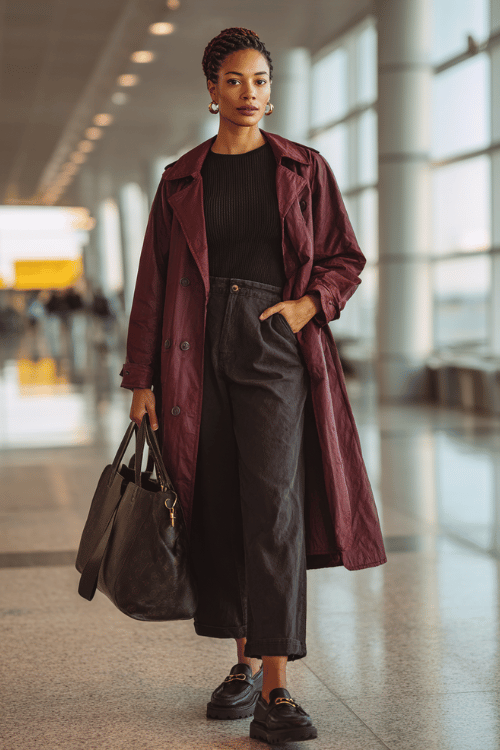 a Black woman walking through an airport departure hall, styled in a deep burgundy trench coat, black ribbed mock-neck top, wide-leg charcoal trousers, and chunky black loafers