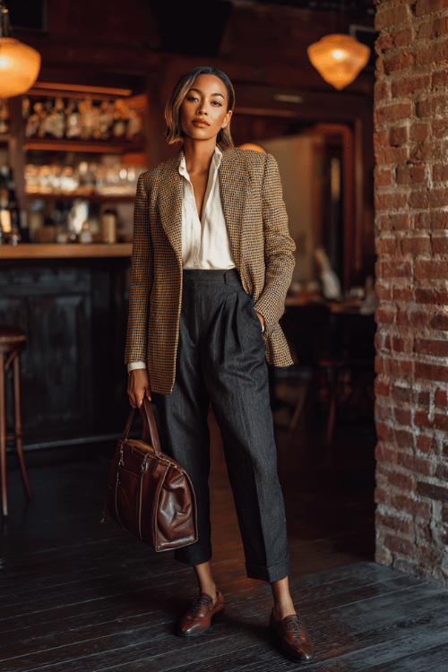a Black woman wearing a brown houndstooth blazer paired with straight-leg dark wash trousers, a white silk blouse, and Oxford shoes in cognac leather 