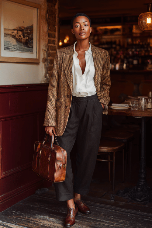 a Black woman wearing a brown houndstooth blazer paired with straight-leg dark wash trousers, a white silk blouse, and Oxford shoes in cognac leather, carrying a slim leather briefcase
