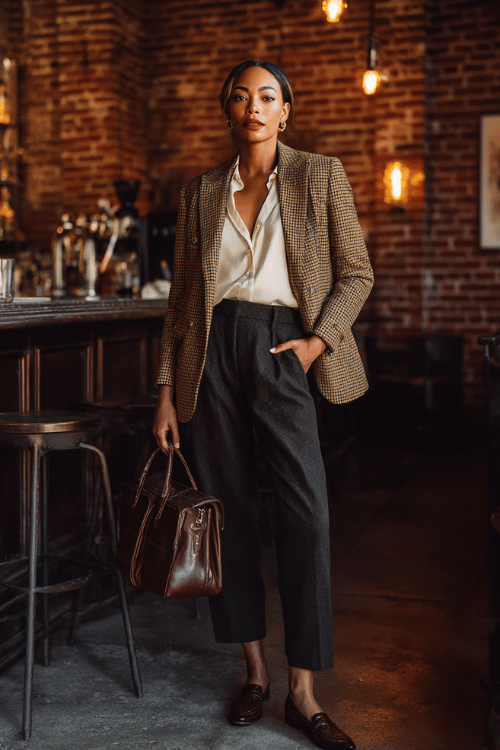 a Black woman wearing a brown houndstooth blazer paired with straight-leg dark wash trousers, a white silk blouse, and Oxford shoes in cognac leather