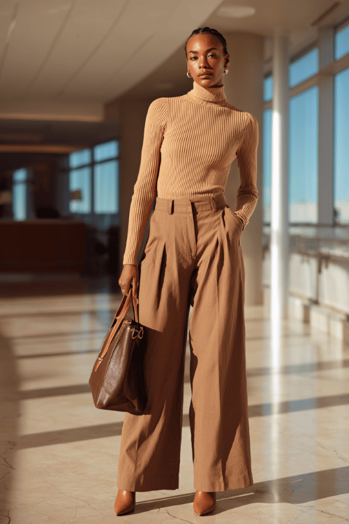 a Black woman wearing a camel turtleneck sweater tucked into wide-leg chocolate brown trousers, paired with pointed-toe ankle boots and a structured leather tote 
