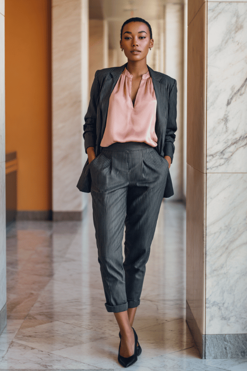 a Black woman wearing a charcoal grey pantsuit with subtle pinstripes, layered over a soft blush silk blouse, finished with pointed-toe kitten heels in black 