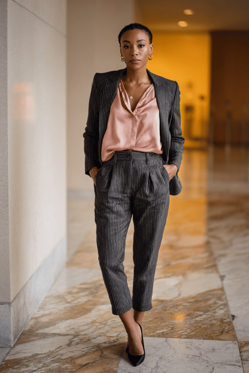 a Black woman wearing a charcoal grey pantsuit with subtle pinstripes, layered over a soft blush silk blouse, finished with pointed-toe kitten heels in black