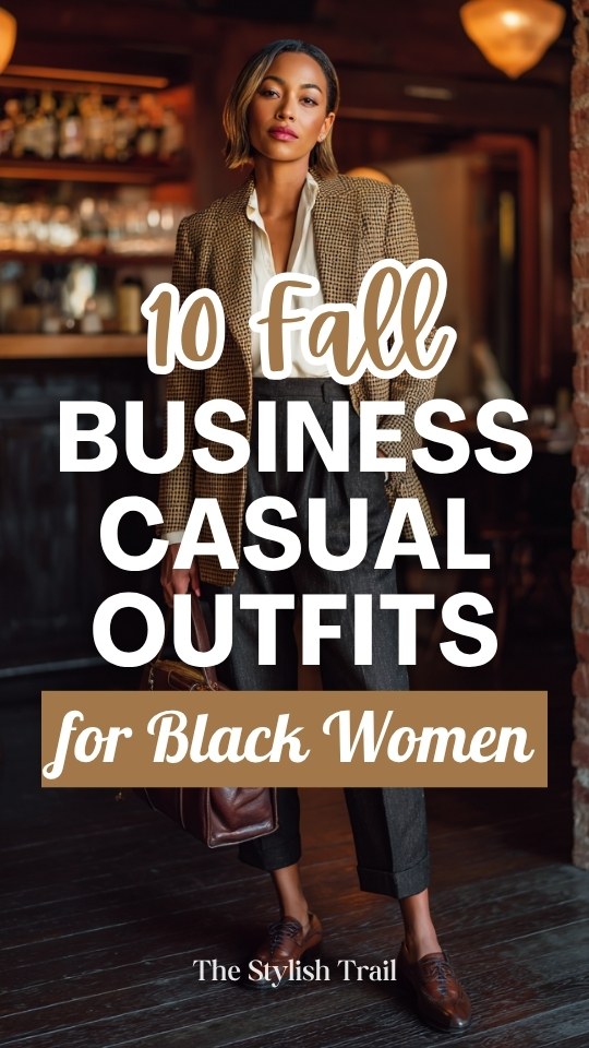 a Black woman wearing a fall business casual outfit with a brown houndstooth blazer paired with straight-leg dark wash trousers, a white silk blouse, and Oxford shoes in cognac leather