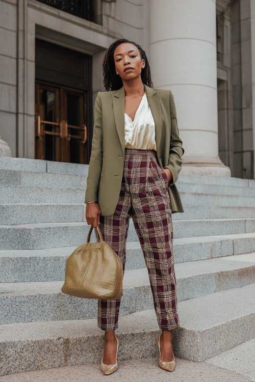 a Black woman wearing a tailored olive green blazer over a cream blouse, paired with high-waisted plaid trousers in burgundy and tan tones, carrying a structured handbag 