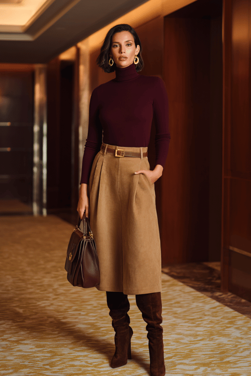 a midsize woman dressed in a deep burgundy knit turtleneck tucked into a high-waisted A-line midi skirt in warm camel, wearing knee-high boots in dark brown suede
