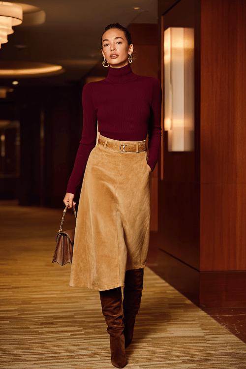 a midsize woman dressed in a deep burgundy knit turtleneck tucked into a high-waisted A-line midi skirt in warm camel, wearing knee-high boots in dark brown suede