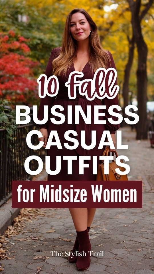 a midsize woman in a fall business casual outfit with a deep burgundy wrap midi dress with long sleeves, paired with block-heel ankle boots in dark tan leather