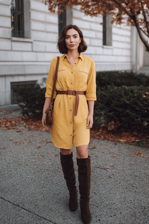 a midsize woman in a mustard yellow button-down shirt dress belted at the waist with a thin brown leather belt, midi length, paired with over-the-knee boots in dark brown suede