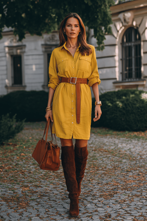 a midsize woman in a mustard yellow button-down shirt dress belted at the waist with a thin brown leather belt, midi length, paired with over-the-knee boots