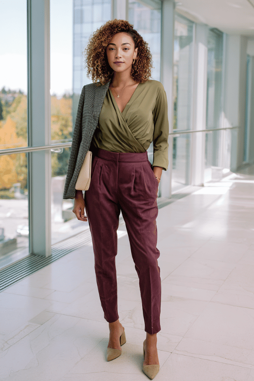 a midsize woman in a olive green wrap blouse tucked into tailored high-waisted trousers in deep plum, layered with a fitted charcoal wool blazer and finished with block-heel mules in tan suede