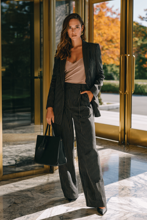 a midsize woman in a pinstripe charcoal pantsuit with a fitted blazer and wide-leg trousers, layered over a soft blush silk camisole, finished with pointed-toe heels