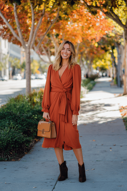 a midsize woman in a rust-orange wrap midi dress with long sleeves and a flattering cinched waist, paired with block-heel ankle boots in dark tan leather, carrying a structured handbag in cognac