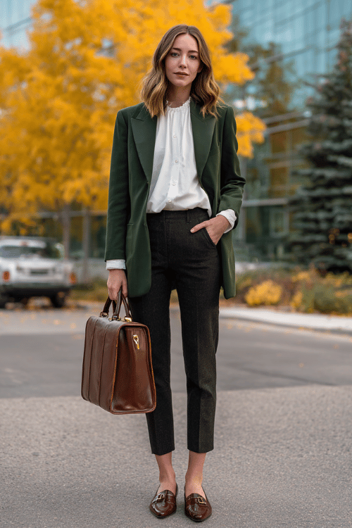 a midsize woman wearing a forest green longline blazer over a white fitted blouse, paired with straight-leg dark wash trousers and pointed-toe loafers in cognac leather