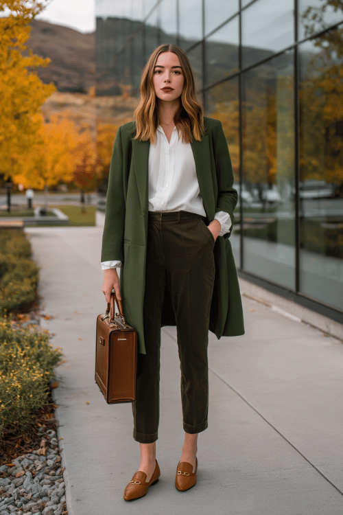 a midsize woman wearing a forest green longline blazer over a white fitted blouse, paired with straight-leg dark wash trousers and pointed-toe loafers in cognac leather 