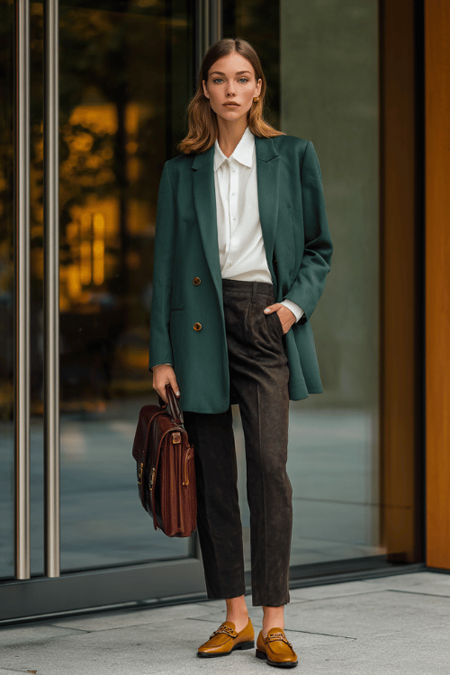 a midsize woman wearing a forest green longline blazer over a white fitted blouse, paired with straight-leg dark wash trousers and pointed-toe loafers in cognac leather