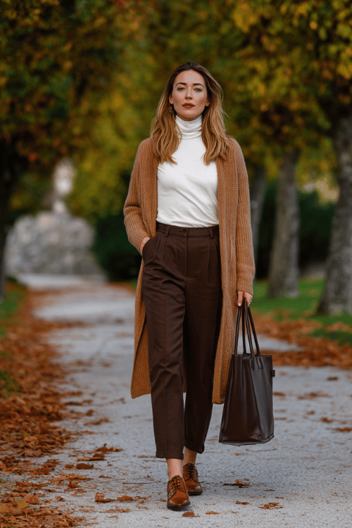 a midsize woman wearing a longline camel cardigan over a white fitted turtleneck and tailored dark brown straight-leg trousers, paired with Oxford shoes