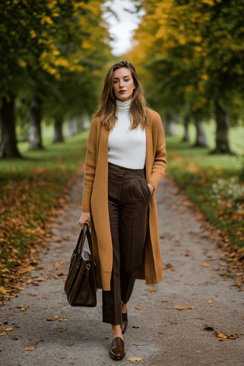 a midsize woman wearing a longline camel cardigan over a white fitted turtleneck and tailored dark brown straight-leg trousers, paired with Oxford shoes