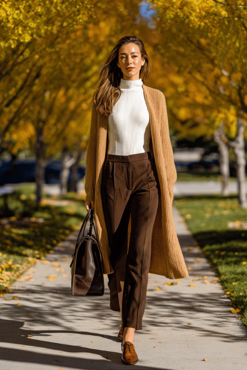 a midsize woman wearing a longline camel cardigan over a white fitted turtleneck and tailored dark brown straight-leg trousers, paired with Oxford shoes