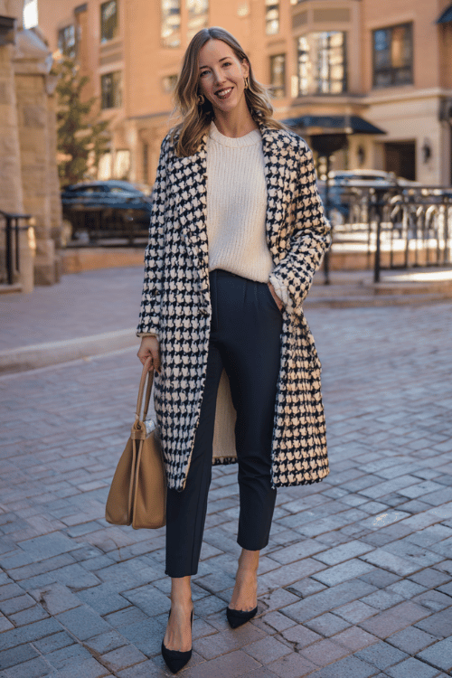 a midsize woman wearing a longline houndstooth coat in black and ivory over a tucked-in cream ribbed sweater and slim-fit dark navy trousers, paired with pointed-toe kitten heels